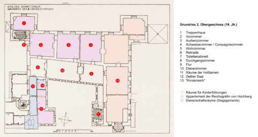 Schloss und Schlossgarten Schwetzingen - Erweiterte Abb. 6: "Grundriß des 2. Obergeschosses" des Buches "Heinrich Gropp: Das Schwetzinger Schloß zu Anfang des 18. Jahrhunderts – Dissertation – 1930" (Reproduktion durch Dr. Manfred Schneider, August 2023)