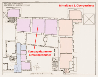 Schloss und Schlossgarten Schwetzingen - Erweiterte Abb. 6: "Grundriß des 2. Obergeschosses" des Buches "Heinrich Gropp: Das Schwetzinger Schloß zu Anfang des 18. Jahrhunderts – Dissertation – 1930" (Reproduktion durch Dr. Manfred Schneider, August 2023)