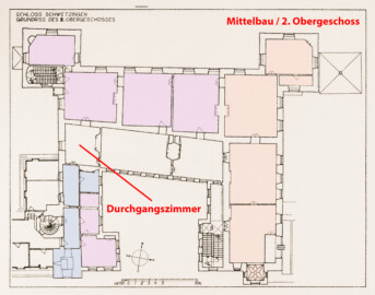 Schloss und Schlossgarten Schwetzingen - Erweiterte Abb. 6: "Grundriß des 2. Obergeschosses" des Buches "Heinrich Gropp: Das Schwetzinger Schloß zu Anfang des 18. Jahrhunderts – Dissertation – 1930" (Reproduktion durch Dr. Manfred Schneider, August 2023) Schloss und Schlossgarten Schwetzingen - Erweiterte Abb. 6: "Grundriß des 2. Obergeschosses" des Buches "Heinrich Gropp: Das Schwetzinger Schloß zu Anfang des 18. Jahrhunderts – Dissertation – 1930" (Reproduktion durch Dr. Manfred Schneider, August 2023)