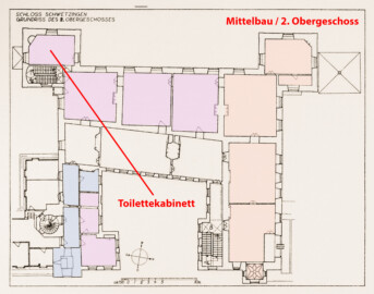 Schloss und Schlossgarten Schwetzingen - Erweiterte Abb. 6: "Grundriß des 2. Obergeschosses" des Buches "Heinrich Gropp: Das Schwetzinger Schloß zu Anfang des 18. Jahrhunderts – Dissertation – 1930" (Reproduktion durch Dr. Manfred Schneider, August 2023) Schloss und Schlossgarten Schwetzingen - Erweiterte Abb. 6: "Grundriß des 2. Obergeschosses" des Buches "Heinrich Gropp: Das Schwetzinger Schloß zu Anfang des 18. Jahrhunderts – Dissertation – 1930" (Reproduktion durch Dr. Manfred Schneider, August 2023)
