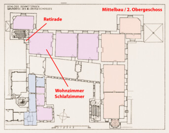 Schloss und Schlossgarten Schwetzingen - Erweiterte Abb. 6: "Grundriß des 2. Obergeschosses" des Buches "Heinrich Gropp: Das Schwetzinger Schloß zu Anfang des 18. Jahrhunderts – Dissertation – 1930" (Reproduktion durch Dr. Manfred Schneider, August 2023) Schloss und Schlossgarten Schwetzingen - Erweiterte Abb. 6: "Grundriß des 2. Obergeschosses" des Buches "Heinrich Gropp: Das Schwetzinger Schloß zu Anfang des 18. Jahrhunderts – Dissertation – 1930" (Reproduktion durch Dr. Manfred Schneider, August 2023)