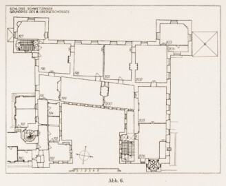 Schloss und Schlossgarten Schwetzingen - Abb. 6: "Grundriß des 2. Obergeschosses" des Buches "Heinrich Gropp: Das Schwetzinger Schloß zu Anfang des 18. Jahrhunderts – Dissertation – 1930" (Reproduktion durch Dr. Manfred Schneider, August 2023)