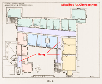 Schloss und Schlossgarten Schwetzingen - Erweiterte Abb. 7: "Grundriß des 3. Obergeschosses" (Gänge) des Buches "Heinrich Gropp: Das Schwetzinger Schloß zu Anfang des 18. Jahrhunderts – Dissertation – 1930" (Reproduktion durch Dr. Manfred Schneider, August 2023)