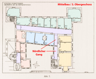 Schloss und Schlossgarten Schwetzingen - Erweiterte Abb. 7: "Grundriß des 3. Obergeschosses" (Gänge) des Buches "Heinrich Gropp: Das Schwetzinger Schloß zu Anfang des 18. Jahrhunderts – Dissertation – 1930" (Reproduktion durch Dr. Manfred Schneider, August 2023) Schloss und Schlossgarten Schwetzingen - Erweiterte Abb. 7: "Grundriß des 3. Obergeschosses" (Gänge) des Buches "Heinrich Gropp: Das Schwetzinger Schloß zu Anfang des 18. Jahrhunderts – Dissertation – 1930" (Reproduktion durch Dr. Manfred Schneider, August 2023)