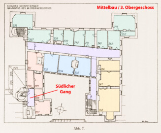 Schloss und Schlossgarten Schwetzingen - Erweiterte Abb. 7: "Grundriß des 3. Obergeschosses" (Gänge) des Buches "Heinrich Gropp: Das Schwetzinger Schloß zu Anfang des 18. Jahrhunderts – Dissertation – 1930" (Reproduktion durch Dr. Manfred Schneider, August 2023) Schloss und Schlossgarten Schwetzingen - Erweiterte Abb. 7: "Grundriß des 3. Obergeschosses" (Gänge) des Buches "Heinrich Gropp: Das Schwetzinger Schloß zu Anfang des 18. Jahrhunderts – Dissertation – 1930" (Reproduktion durch Dr. Manfred Schneider, August 2023)
