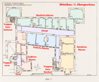 Schloss und Schlossgarten Schwetzingen - Erweiterte Abb. 7: "Grundriß des 3. Obergeschosses" des Buches "Heinrich Gropp: Das Schwetzinger Schloß zu Anfang des 18. Jahrhunderts – Dissertation – 1930" (Reproduktion durch Dr. Manfred Schneider, August 2023) Schloss und Schlossgarten Schwetzingen - Erweiterte Abb. 7: "Grundriß des 3. Obergeschosses" des Buches "Heinrich Gropp: Das Schwetzinger Schloß zu Anfang des 18. Jahrhunderts – Dissertation – 1930" (Reproduktion durch Dr. Manfred Schneider, August 2023)