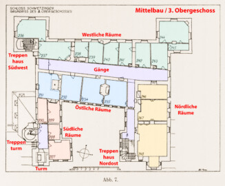 Schloss und Schlossgarten Schwetzingen - Erweiterte Abb. 7: "Grundriß des 3. Obergeschosses" des Buches "Heinrich Gropp: Das Schwetzinger Schloß zu Anfang des 18. Jahrhunderts – Dissertation – 1930" (Reproduktion durch Dr. Manfred Schneider, August 2023) Schloss und Schlossgarten Schwetzingen - Erweiterte Abb. 7: "Grundriß des 3. Obergeschosses" des Buches "Heinrich Gropp: Das Schwetzinger Schloß zu Anfang des 18. Jahrhunderts – Dissertation – 1930" (Reproduktion durch Dr. Manfred Schneider, August 2023)