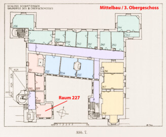 Schloss und Schlossgarten Schwetzingen - Erweiterte Abb. 7: "Grundriß des 3. Obergeschosses" (Raum 227) des Buches "Heinrich Gropp: Das Schwetzinger Schloß zu Anfang des 18. Jahrhunderts – Dissertation – 1930" (Reproduktion durch Dr. Manfred Schneider, August 2023) Schloss und Schlossgarten Schwetzingen - Erweiterte Abb. 7: "Grundriß des 3. Obergeschosses" (Raum 227) des Buches "Heinrich Gropp: Das Schwetzinger Schloß zu Anfang des 18. Jahrhunderts – Dissertation – 1930" (Reproduktion durch Dr. Manfred Schneider, August 2023)
