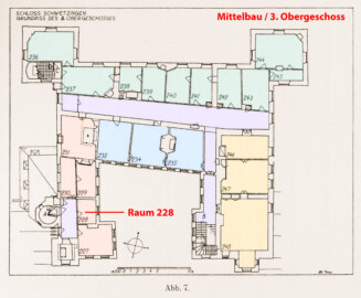 Schloss und Schlossgarten Schwetzingen - Erweiterte Abb. 7: "Grundriß des 3. Obergeschosses" (Raum 228) des Buches "Heinrich Gropp: Das Schwetzinger Schloß zu Anfang des 18. Jahrhunderts – Dissertation – 1930" (Reproduktion durch Dr. Manfred Schneider, August 2023) Schloss und Schlossgarten Schwetzingen - Erweiterte Abb. 7: "Grundriß des 3. Obergeschosses" (Raum 228) des Buches "Heinrich Gropp: Das Schwetzinger Schloß zu Anfang des 18. Jahrhunderts – Dissertation – 1930" (Reproduktion durch Dr. Manfred Schneider, August 2023)