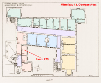 Schloss und Schlossgarten Schwetzingen - Erweiterte Abb. 7: "Grundriß des 3. Obergeschosses" (Raum 229) des Buches "Heinrich Gropp: Das Schwetzinger Schloß zu Anfang des 18. Jahrhunderts – Dissertation – 1930" (Reproduktion durch Dr. Manfred Schneider, August 2023) Schloss und Schlossgarten Schwetzingen - Erweiterte Abb. 7: "Grundriß des 3. Obergeschosses" (Raum 229) des Buches "Heinrich Gropp: Das Schwetzinger Schloß zu Anfang des 18. Jahrhunderts – Dissertation – 1930" (Reproduktion durch Dr. Manfred Schneider, August 2023)