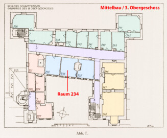Schloss und Schlossgarten Schwetzingen - Erweiterte Abb. 7: "Grundriß des 3. Obergeschosses" (Raum 234) des Buches "Heinrich Gropp: Das Schwetzinger Schloß zu Anfang des 18. Jahrhunderts – Dissertation – 1930" (Reproduktion durch Dr. Manfred Schneider, August 2023) Schloss und Schlossgarten Schwetzingen - Erweiterte Abb. 7: "Grundriß des 3. Obergeschosses" (Raum 234) des Buches "Heinrich Gropp: Das Schwetzinger Schloß zu Anfang des 18. Jahrhunderts – Dissertation – 1930" (Reproduktion durch Dr. Manfred Schneider, August 2023)