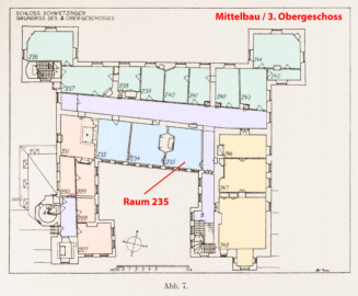 Schloss und Schlossgarten Schwetzingen - Erweiterte Abb. 7: "Grundriß des 3. Obergeschosses" (Raum 235) des Buches "Heinrich Gropp: Das Schwetzinger Schloß zu Anfang des 18. Jahrhunderts – Dissertation – 1930" (Reproduktion durch Dr. Manfred Schneider, August 2023) Schloss und Schlossgarten Schwetzingen - Erweiterte Abb. 7: "Grundriß des 3. Obergeschosses" (Raum 235) des Buches "Heinrich Gropp: Das Schwetzinger Schloß zu Anfang des 18. Jahrhunderts – Dissertation – 1930" (Reproduktion durch Dr. Manfred Schneider, August 2023)