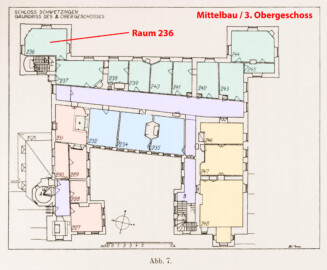 Schloss und Schlossgarten Schwetzingen - Erweiterte Abb. 7: "Grundriß des 3. Obergeschosses" (Raum 236) des Buches "Heinrich Gropp: Das Schwetzinger Schloß zu Anfang des 18. Jahrhunderts – Dissertation – 1930" (Reproduktion durch Dr. Manfred Schneider, August 2023) Schloss und Schlossgarten Schwetzingen - Erweiterte Abb. 7: "Grundriß des 3. Obergeschosses" (Raum 236) des Buches "Heinrich Gropp: Das Schwetzinger Schloß zu Anfang des 18. Jahrhunderts – Dissertation – 1930" (Reproduktion durch Dr. Manfred Schneider, August 2023)