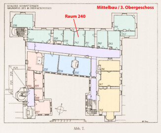Schloss und Schlossgarten Schwetzingen - Erweiterte Abb. 7: "Grundriß des 3. Obergeschosses" (Raum 240) des Buches "Heinrich Gropp: Das Schwetzinger Schloß zu Anfang des 18. Jahrhunderts – Dissertation – 1930" (Reproduktion durch Dr. Manfred Schneider, August 2023) Schloss und Schlossgarten Schwetzingen - Erweiterte Abb. 7: "Grundriß des 3. Obergeschosses" (Raum 240) des Buches "Heinrich Gropp: Das Schwetzinger Schloß zu Anfang des 18. Jahrhunderts – Dissertation – 1930" (Reproduktion durch Dr. Manfred Schneider, August 2023)