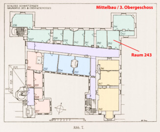 Schloss und Schlossgarten Schwetzingen - Erweiterte Abb. 7: "Grundriß des 3. Obergeschosses" (Raum 243) des Buches "Heinrich Gropp: Das Schwetzinger Schloß zu Anfang des 18. Jahrhunderts – Dissertation – 1930" (Reproduktion durch Dr. Manfred Schneider, August 2023) Schloss und Schlossgarten Schwetzingen - Erweiterte Abb. 7: "Grundriß des 3. Obergeschosses" (Raum 243) des Buches "Heinrich Gropp: Das Schwetzinger Schloß zu Anfang des 18. Jahrhunderts – Dissertation – 1930" (Reproduktion durch Dr. Manfred Schneider, August 2023)