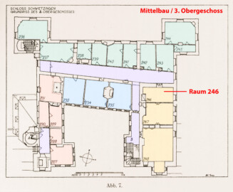 Schloss und Schlossgarten Schwetzingen - Erweiterte Abb. 7: "Grundriß des 3. Obergeschosses" (Raum 246) des Buches "Heinrich Gropp: Das Schwetzinger Schloß zu Anfang des 18. Jahrhunderts – Dissertation – 1930" (Reproduktion durch Dr. Manfred Schneider, August 2023) Schloss und Schlossgarten Schwetzingen - Erweiterte Abb. 7: "Grundriß des 3. Obergeschosses" (Raum 246) des Buches "Heinrich Gropp: Das Schwetzinger Schloß zu Anfang des 18. Jahrhunderts – Dissertation – 1930" (Reproduktion durch Dr. Manfred Schneider, August 2023)
