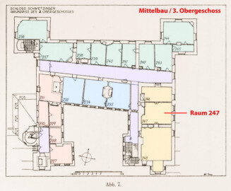Schloss und Schlossgarten Schwetzingen - Erweiterte Abb. 7: "Grundriß des 3. Obergeschosses" (Raum 247) des Buches "Heinrich Gropp: Das Schwetzinger Schloß zu Anfang des 18. Jahrhunderts – Dissertation – 1930" (Reproduktion durch Dr. Manfred Schneider, August 2023) Schloss und Schlossgarten Schwetzingen - Erweiterte Abb. 7: "Grundriß des 3. Obergeschosses" (Raum 247) des Buches "Heinrich Gropp: Das Schwetzinger Schloß zu Anfang des 18. Jahrhunderts – Dissertation – 1930" (Reproduktion durch Dr. Manfred Schneider, August 2023)