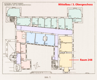 Schloss und Schlossgarten Schwetzingen - Erweiterte Abb. 7: "Grundriß des 3. Obergeschosses" (Raum 248) des Buches "Heinrich Gropp: Das Schwetzinger Schloß zu Anfang des 18. Jahrhunderts – Dissertation – 1930" (Reproduktion durch Dr. Manfred Schneider, August 2023) Schloss und Schlossgarten Schwetzingen - Erweiterte Abb. 7: "Grundriß des 3. Obergeschosses" (Raum 248) des Buches "Heinrich Gropp: Das Schwetzinger Schloß zu Anfang des 18. Jahrhunderts – Dissertation – 1930" (Reproduktion durch Dr. Manfred Schneider, August 2023)