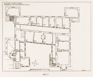 Schloss und Schlossgarten Schwetzingen - Abb. 7: "Grundriß des 3. Obergeschosses" des Buches "Heinrich Gropp: Das Schwetzinger Schloß zu Anfang des 18. Jahrhunderts – Dissertation – 1930" (Reproduktion durch Dr. Manfred Schneider, August 2023) Schloss und Schlossgarten Schwetzingen - Abb. 7: "Grundriß des 3. Obergeschosses" des Buches "Heinrich Gropp: Das Schwetzinger Schloß zu Anfang des 18. Jahrhunderts – Dissertation – 1930" (Reproduktion durch Dr. Manfred Schneider, August 2023)