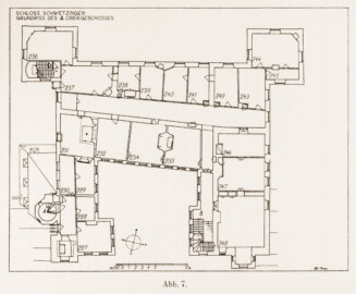 Schloss und Schlossgarten Schwetzingen - Abb. 7: "Grundriß des 3. Obergeschosses" des Buches "Heinrich Gropp: Das Schwetzinger Schloß zu Anfang des 18. Jahrhunderts – Dissertation – 1930" (Reproduktion durch Dr. Manfred Schneider, August 2023) Schloss und Schlossgarten Schwetzingen - Abb. 7: "Grundriß des 3. Obergeschosses" des Buches "Heinrich Gropp: Das Schwetzinger Schloß zu Anfang des 18. Jahrhunderts – Dissertation – 1930" (Reproduktion durch Dr. Manfred Schneider, August 2023)