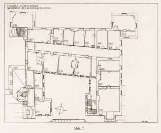 Schloss und Schlossgarten Schwetzingen - Abb. 7: "Grundriß des 3. Obergeschosses" des Buches "Heinrich Gropp: Das Schwetzinger Schloß zu Anfang des 18. Jahrhunderts – Dissertation – 1930" (Reproduktion durch Dr. Manfred Schneider, August 2023) Schloss und Schlossgarten Schwetzingen - Abb. 7: "Grundriß des 3. Obergeschosses" des Buches "Heinrich Gropp: Das Schwetzinger Schloß zu Anfang des 18. Jahrhunderts – Dissertation – 1930" (Reproduktion durch Dr. Manfred Schneider, August 2023)
