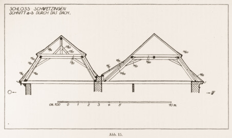 Schloss und Schlossgarten Schwetzingen - Abb. 15: "Schnitt a-b durch das Dach" des Buches "Heinrich Gropp: Das Schwetzinger Schloß zu Anfang des 18. Jahrhunderts – Dissertation – 1930" (Reproduktion durch Dr. Manfred Schneider, August 2023)