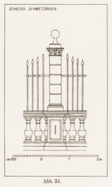 Schloss und Schlossgarten Schwetzingen - Abb. 24: "Ehrenhof-Einfriedigung" des Buches "Heinrich Gropp: Das Schwetzinger Schloß zu Anfang des 18. Jahrhunderts – Dissertation – 1930" (Reproduktion durch Dr. Manfred Schneider, August 2023)