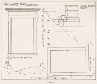 Schloss und Schlossgarten Schwetzingen - Abb. 29: "Einzelheiten vom Westbau" des Buches "Heinrich Gropp: Das Schwetzinger Schloß zu Anfang des 18. Jahrhunderts – Dissertation – 1930" (Reproduktion durch Dr. Manfred Schneider, August 2023)