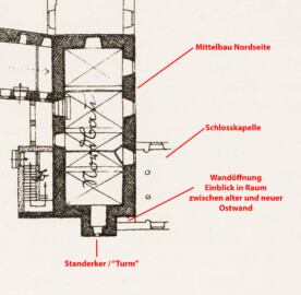 Schloss und Schlossgarten Schwetzingen - Ort der Wandöffnung in der Schlosskapelle - Ausschnitt aus Abb. 3: "Schematischer Lageplan mit Bezeichnung der einzelnen Bauteile" des Buches "Heinrich Gropp: Das Schwetzinger Schloß zu Anfang des 18. Jahrhunderts – Dissertation – 1930" (Reproduktion durch Dr. Manfred Schneider, August 2023)