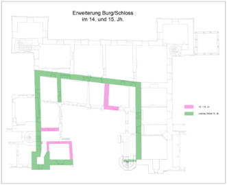 Schloss und Schlossgarten Schwetzingen - Erweiterungen des Grundrisses der Burg/des Schlosses im 14. und 15. Jahrhundert (farbiger Grundriss nach dem Artikel "Peter Knoch und Robert Erb: Schlossgeschichte - von den Anfängen bis heute" in dem Buch "Stadt Schwetzingen (Herausgeber): Schwetzingen – Geschichte(n) einer Stadt – Band 1 – 2016"; grauer (heutiger) Grundriss nach Abb. 4 "Grundriß des Erdgeschosses" des Buches "Heinrich Gropp: Das Schwetzinger Schloß zu Anfang des 18. Jahrhunderts – Dissertation – 1930", Reproduktion durch Dr. Manfred Schneider, August 2023) Schloss und Schlossgarten Schwetzingen - Erweiterungen des Grundrisses der Burg/des Schlosses im 14. und 15. Jahrhundert (farbiger Grundriss nach dem Artikel "Peter Knoch und Robert Erb: Schlossgeschichte - von den Anfängen bis heute" in dem Buch "Stadt Schwetzingen (Herausgeber): Schwetzingen – Geschichte(n) einer Stadt – Band 1 – 2016"; grauer (heutiger) Grundriss nach Abb. 4 "Grundriß des Erdgeschosses" des Buches "Heinrich Gropp: Das Schwetzinger Schloß zu Anfang des 18. Jahrhunderts – Dissertation – 1930", Reproduktion durch Dr. Manfred Schneider, August 2023)