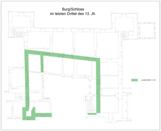 Schloss und Schlossgarten Schwetzingen - Grundriss der Burg/des Schlosses im letzten Drittel des 13. Jahrhunderts (farbiger Grundriss nach dem Artikel "Peter Knoch und Robert Erb: Schlossgeschichte - von den Anfängen bis heute" in dem Buch "Stadt Schwetzingen (Herausgeber): Schwetzingen – Geschichte(n) einer Stadt – Band 1 – 2016"; grauer (heutiger) Grundriss nach Abb. 4 "Grundriß des Erdgeschosses" des Buches "Heinrich Gropp: Das Schwetzinger Schloß zu Anfang des 18. Jahrhunderts – Dissertation – 1930", Reproduktion durch Dr. Manfred Schneider, August 2023) Schloss und Schlossgarten Schwetzingen - Grundriss der Burg/des Schlosses im letzten Drittel des 13. Jahrhunderts (farbiger Grundriss nach dem Artikel "Peter Knoch und Robert Erb: Schlossgeschichte - von den Anfängen bis heute" in dem Buch "Stadt Schwetzingen (Herausgeber): Schwetzingen – Geschichte(n) einer Stadt – Band 1 – 2016"; grauer (heutiger) Grundriss nach Abb. 4 "Grundriß des Erdgeschosses" des Buches "Heinrich Gropp: Das Schwetzinger Schloß zu Anfang des 18. Jahrhunderts – Dissertation – 1930", Reproduktion durch Dr. Manfred Schneider, August 2023)