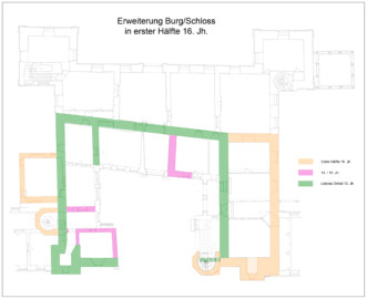 Schloss und Schlossgarten Schwetzingen - Erweiterungen des Grundrisses der Burg/des Schlosses in der ersten Hälfte des 16. Jahrhunderts (farbiger Grundriss nach dem Artikel "Peter Knoch und Robert Erb: Schlossgeschichte - von den Anfängen bis heute" in dem Buch "Stadt Schwetzingen (Herausgeber): Schwetzingen – Geschichte(n) einer Stadt – Band 1 – 2016"; grauer (heutiger) Grundriss nach Abb. 4 "Grundriß des Erdgeschosses" des Buches "Heinrich Gropp: Das Schwetzinger Schloß zu Anfang des 18. Jahrhunderts – Dissertation – 1930", Reproduktion durch Dr. Manfred Schneider, August 2023) Schloss und Schlossgarten Schwetzingen - Erweiterungen des Grundrisses der Burg/des Schlosses in der ersten Hälfte des 16. Jahrhunderts (farbiger Grundriss nach dem Artikel "Peter Knoch und Robert Erb: Schlossgeschichte - von den Anfängen bis heute" in dem Buch "Stadt Schwetzingen (Herausgeber): Schwetzingen – Geschichte(n) einer Stadt – Band 1 – 2016"; grauer (heutiger) Grundriss nach Abb. 4 "Grundriß des Erdgeschosses" des Buches "Heinrich Gropp: Das Schwetzinger Schloß zu Anfang des 18. Jahrhunderts – Dissertation – 1930", Reproduktion durch Dr. Manfred Schneider, August 2023)