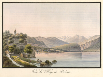 Schloss und Schlossgarten Schwetzingen - Vûe du Village de Brienz (Aus dem Album: Jakob Samuel Weibel, Balthasar Anton Dunker: Vierzehn Aussichten im Oberlande jenseits Thun gewählt - Mit ihren kurzen historisch-topographischen Beschreibungen / Quatorze vues choisies au dela de Thoune - Avec des descriptions historiques et topographiques, 1793 bis ca. 1796 (Herkunft: HelveticArchives, Sammlung Gugelmann, Signatur GS-GUGE-202, https://www.helveticarchives.ch/detail.aspx?ID=481244, gemeinfrei)