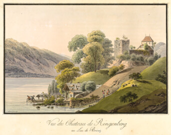 Schloss und Schlossgarten Schwetzingen - Vue du Chateau de Ringenberg au Lac de Brienz (Aus dem Album: Jakob Samuel Weibel, Balthasar Anton Dunker: Vierzehn Aussichten im Oberlande jenseits Thun gewählt - Mit ihren kurzen historisch-topographischen Beschreibungen / Quatorze vues choisies au dela de Thoune - Avec des descriptions historiques et topographiques, 1793 bis ca. 1796 (Herkunft: HelveticArchives, Sammlung Gugelmann, Signatur GS-GUGE-202, https://www.helveticarchives.ch/detail.aspx?ID=481244, gemeinfrei)