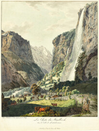 Schloss und Schlossgarten Schwetzingen - Der Staubbachfall im Lauterbrunnental / La Chute du Staubbach, dans la Vallée de Lauterbrunnen; nach dem Ölgemälde "Der Staubbachfall im Lauterbrunnental" von Franz Niklaus König aus dem Jahr 1803 (Maler: Franz Niklaus König (1765-1832); Datierung: ca. 1804; Art: Druckgrafik, Umrissradierung, koloriert; Herkunft: HelveticArchives, Sammlung Gugelmann, Signatur GS-GUGE-KÖNIG-A-1, https://www.helveticarchives.ch/detail.aspx?ID=479127; Bildnachweis: Wikimedia Commons, https://commons.wikimedia.org/wiki/File%3ACH-NB_-_Staubbachfall_im_Lauterbrunnental_-_Collection_Gugelmann_-_GS-GUGE-K%C3%96NIG-A-1.tif, gemeinfrei)
