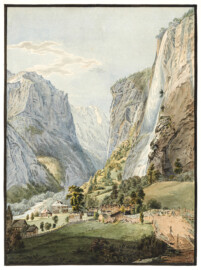 Schloss und Schlossgarten Schwetzingen - Der Staubbachfall im Lauterbrunnental / La Chute du Staubbach, dans la Vallée de Lauterbrunnen; nach dem Ölgemälde "Der Staubbachfall im Lauterbrunnental" von Franz Niklaus König aus dem Jahr 1803 (Maler: Franz Niklaus König (1765-1832); Datierung: ca. 1804; Art: Zeichnung/Aquarell; Herkunft: HelveticArchives, Sammlung Gugelmann, Signatur GS-GUGE-KÖNIG-C-6, https://www.helveticarchives.ch/detail.aspx?ID=479145; Bildnachweis: Wikimedia Commons, https://commons.wikimedia.org/wiki/File%3ACH-NB_-_Staubbachfall_im_Lauterbrunnental_-_Collection_Gugelmann_-_GS-GUGE-K%C3%96NIG-C-6.tif, gemeinfrei)