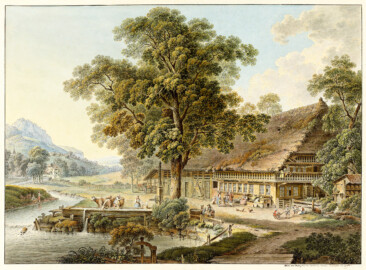 Schloss und Schlossgarten Schwetzingen - Maison de paysan du Canton de Berne (Maler: Heinrich Rieter (1751–1818); Stecher: Gabriel Ludwig Lory; Datierung: 1796; Art: Druckgrafik, Umrissradierung, koloriert; nach dem Blatt (?) "La Maison du Paysan" von Heinrich Rieter (Signatur GS-GUGE-RIETER-H-A-4) oder Johann Ludwig Aberli (Signatur GS-GUGE-ABERLI-B-8); Herkunft: HelveticArchives, Sammlung Gugelmann, Signatur GS-GUGE-RIETER-H-A-5, https://www.helveticarchives.ch/detail.aspx?ID=480713; Bildnachweis: Wikimedia Commons, https://commons.wikimedia.org/wiki/File%3ACH-NB_-_Bern%2C_Mittelland_-_Collection_Gugelmann_-_GS-GUGE-RIETER-H-A-5.tif, gemeinfrei)