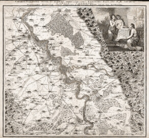 Schloss und Schlossgarten Schwetzingen - Karte der Pfalz, um 1780, Blatt 1, Norden  (Bildnachweis: "Christian Mayer, Aegid Verhelst, Carl Theodor: Charta Palatina Jussu Et Auspiciis Serenmi. Ac Potentmi. Electoris Palatini D. R. Bavariae Caroli Theodori Mannhemio Basileam Usque Producta, ca. 1780" - https://doi.org/10.11588/diglit.22379 - Public Domain)