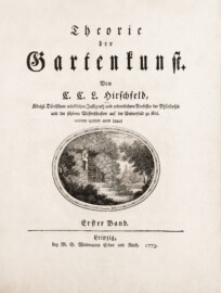 Schloss und Schlossgarten Schwetzingen - Titelblatt von "Christian Cay Lorenz Hirschfeld: Theorie der Gartenkunst (Band 1) — 1779" (Bildnachweis: Uni Heidelberg, https://doi.org/10.11588/diglit.1626, Public Domain)