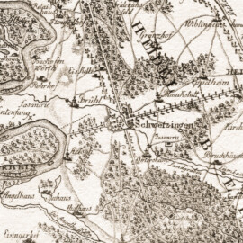 Schloss und Schlossgarten Schwetzingen - Ausschnitt (Schwetzingen und Umgebung) der zweiten Karte "Lauterburg bis Speyer" der "Special-Carte Des Rheinlaufes Von Speier Bis Bingen", 1796 - Kartograf: Peter Dewarat (ca. 1740 bis 1800), Kupferstecher: Egid Verhelst der Jüngere (1733–1804), Blatt: ca. 35 × 24 cm, Maßstab: ca. 1:180.000 (Bildnachweis: Kartenspeicher-Projekt koordiniert durch die Verbundzentrale des GBV (VZG), https://kartenspeicher.gbv.de/item/iflzkw_mods_00000534, CC0 1.0 Universal)