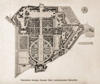 Schloss und Schlossgarten Schwetzingen - Gartenplan, heutiger Zustand, 1934; Bad. Landesmuseum Karlsruhe (Bildnachweis: Seite 24a aus "Irene Schmidt: Der Schwetzinger Schlossgarten Carl Theodors von der Pfalz - Inaugural-Dissertation - Teildruck - 1934"; Reproduktion durch Dr. Manfred Schneider, Juni 2023)