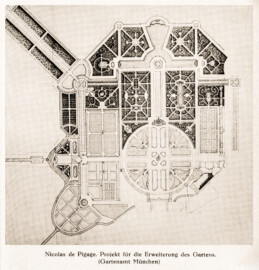 Schloss und Schlossgarten Schwetzingen - Nicolas de Pigage, Projekt für die Erweiterung des Gartens, um 1761; Gartenamt München (Bildnachweis: Seite 18a aus "Irene Schmidt: Der Schwetzinger Schlossgarten Carl Theodors von der Pfalz - Inaugural-Dissertation - Teildruck - 1934"; Reproduktion durch Dr. Manfred Schneider, Juni 2023)