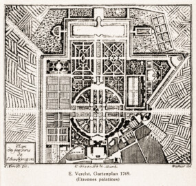 Schloss und Schlossgarten Schwetzingen - E. Verelst, Gartenplan, 1769 (Etrennes palatines) (Bildnachweis: Seite 16c aus "Irene Schmidt: Der Schwetzinger Schlossgarten Carl Theodors von der Pfalz - Inaugural-Dissertation - Teildruck - 1934"; Reproduktion durch Dr. Manfred Schneider, Juni 2023)