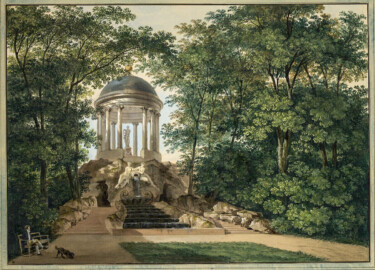 Schloss und Schlossgarten Schwetzingen - Gemälde: "Der Apollotempel im Park von Schwetzingen"; Maler: Karl Kuntz (1770-1830), Datierung: 1793-95, Herkunft: Albertina, Wien, Graphische Sammlung (Bildnachweis: https://sammlungenonline.albertina.at/?query=search=/record/objectnumbersearch=[15079]&showtype=record, gemeinfrei)