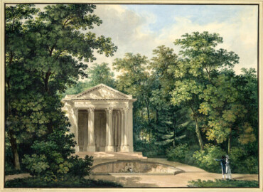Schloss und Schlossgarten Schwetzingen - Gemälde: "Der Minervatempel im Park von Schwetzingen"; Maler: Karl Kuntz (1770-1830), Datierung: 1793, Herkunft: Albertina, Wien, Graphische Sammlung (Bildnachweis: https://sammlungenonline.albertina.at/?query=search=/record/objectnumbersearch=[15078]&showtype=record, gemeinfrei)