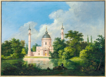 Schloss und Schlossgarten Schwetzingen - Gemälde: "Die Moschee im Park von Schwetzingen"; Maler: Karl Kuntz (1770-1830), Datierung: 1793, Herkunft: Albertina, Wien, Graphische Sammlung (Bildnachweis: https://sammlungenonline.albertina.at/?query=search=/record/objectnumbersearch=[15077]&showtype=record, gemeinfrei)