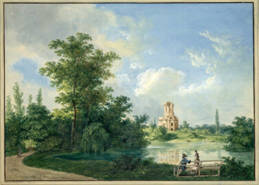 Schloss und Schlossgarten Schwetzingen - Gemälde: "Der Merkurtempel im Park von Schwetzingen"; Maler: Karl Kuntz (1770-1830), Datierung: 1793, Herkunft: Albertina, Wien, Graphische Sammlung (Bildnachweis: https://sammlungenonline.albertina.at/?query=search=/record/objectnumbersearch=[15076]&showtype=record, gemeinfrei)