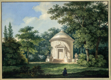 Schloss und Schlossgarten Schwetzingen - Gemälde: "Der Tempel der Waldbotanik im Park von Schwetzingen"; Maler: Karl Kuntz (1770-1830), Datierung: 1793-95, Herkunft: Albertina, Wien, Graphische Sammlung (Bildnachweis: https://sammlungenonline.albertina.at/?query=search=/record/objectnumbersearch=[15080]&showtype=record, gemeinfrei)