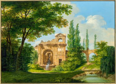 Schloss und Schlossgarten Schwetzingen - Gemälde: "Das Römische Wasserkastell im Park von Schwetzingen"; Maler: Karl Kuntz (1770-1830), Datierung: 1793, Herkunft: Albertina, Wien, Graphische Sammlung (Bildnachweis: https://sammlungenonline.albertina.at/?query=search=/record/objectnumbersearch=[15081]&showtype=record, gemeinfrei)