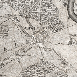 Schloss und Schlossgarten Schwetzingen -  Ausschnitt (mit der Umgebung von Schwetzingen) aus dem Übersichtsplan / Umgebungsplan Schwetzingen, 1773; Basis novae chartae Palatinae auspiciis, impensis, et imperio Clementissimo Ser. mi ac Potmi Principis Electoris Palatini Caroli Theodori descripta; Christian Mayer, Probeblatt zur Charta Palatina, gestochen E. Vevelst, Kupferstecher Mannheim; Die topographische Karte umfaßt das Gebiet links: Rohrbach / Heidelberg, rechts: Rheingönnheim / Mannheim, oben: Oftersheim / Ketsch, unten: Schriesheim / Käfertal. Höhenunterschiede mit Schraffen. Wald (stilisiert gezeichnete Bäume), Reben, Felder, baumbestandene Straßen, Wege und Gewässer (Rhein mit Inseln, Neckar) eingezeichnet. Orte im Grundriß mit Straßenzügen, Mannheim als Befestigungsanlage mit Brücke und Brückenkopf über dem Rhein, Ladenburg befestigt, Schwetzingen mit Gartenanlage. Titel in barockem Rahmen, rechts und links davon Legende (Bildnachweis: Generallandesarchiv H Mannheim 163, http://www.landesarchiv-bw.de/plink/?f=4-1723815)